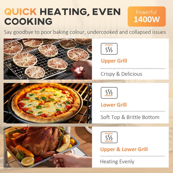 HOMCOM Mini Oven, 21L Countertop Electric Grill, Toaster Oven with Adjustable Temperature, Timer, Baking Tray and Wire Rack, 1400W, Cream Aosom UK