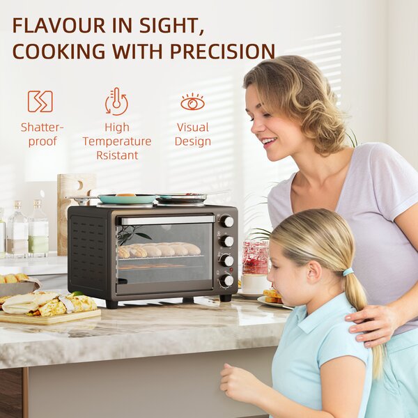 HOMCOM 28L Mini Oven with 2 Hot Plates, Countertop Toaster Oven, Grill, Roast, Bake, Boil, with Timer, Adjustable Temperature, 2600W, Black