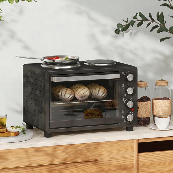 HOMCOM 28L Mini Oven with 2 Hot Plates, Countertop Toaster Oven, Grill, Roast, Bake, Boil, with Timer, Adjustable Temperature, 2600W, Black