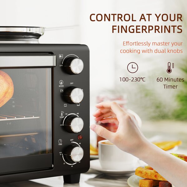 HOMCOM 28L Mini Oven with 2 Hot Plates, Countertop Toaster Oven, Grill, Roast, Bake, Boil, with Timer, Adjustable Temperature, 2600W, Black