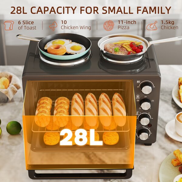 HOMCOM 28L Mini Oven with 2 Hot Plates, Countertop Toaster Oven, Grill, Roast, Bake, Boil, with Timer, Adjustable Temperature, 2600W, Black