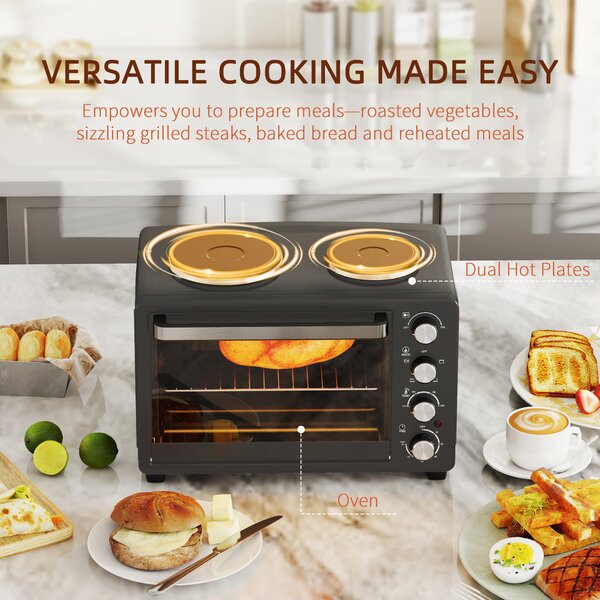 HOMCOM 28L Mini Oven with 2 Hot Plates, Countertop Toaster Oven, Grill, Roast, Bake, Boil, with Timer, Adjustable Temperature, 2600W, Black