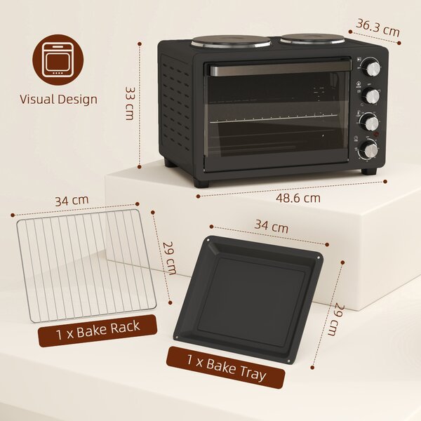 HOMCOM 28L Mini Oven with 2 Hot Plates, Countertop Toaster Oven, Grill, Roast, Bake, Boil, with Timer, Adjustable Temperature, 2600W, Black
