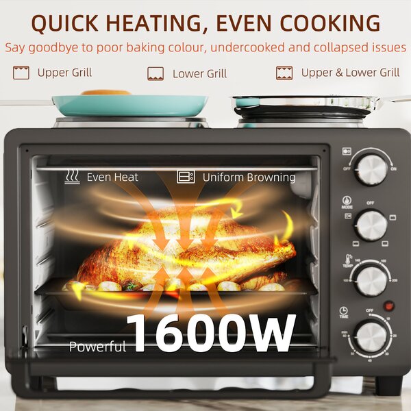 HOMCOM 28L Mini Oven with 2 Hot Plates, Countertop Toaster Oven, Grill, Roast, Bake, Boil, with Timer, Adjustable Temperature, 2600W, Black