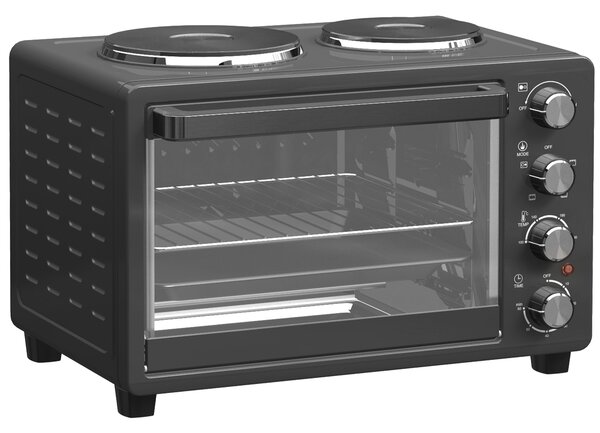 HOMCOM 28L Mini Oven with 2 Hot Plates, Countertop Toaster Oven, Grill, Roast, Bake, Boil, with Timer, Adjustable Temperature, 2600W, Black