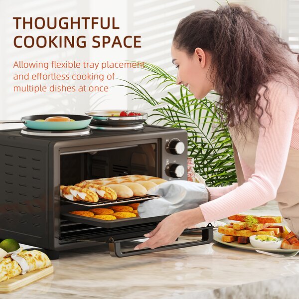 HOMCOM 28L Mini Oven with 2 Hot Plates, Countertop Toaster Oven, Grill, Roast, Bake, Boil, with Timer, Adjustable Temperature, 2600W, Black
