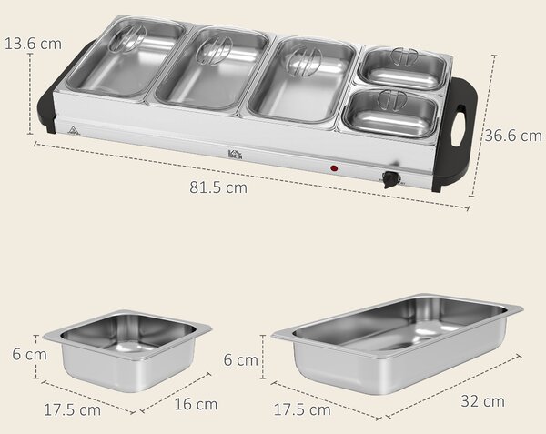 HOMCOM Electric Food Warmer 5 Tray, 9.2L Portable Buffet Server and Warming Tray with Lids, Adjustable Temperature Control and Cool Touch Handles, 450W, 3 x 2.4L and 2 x 1L, Silver Tone