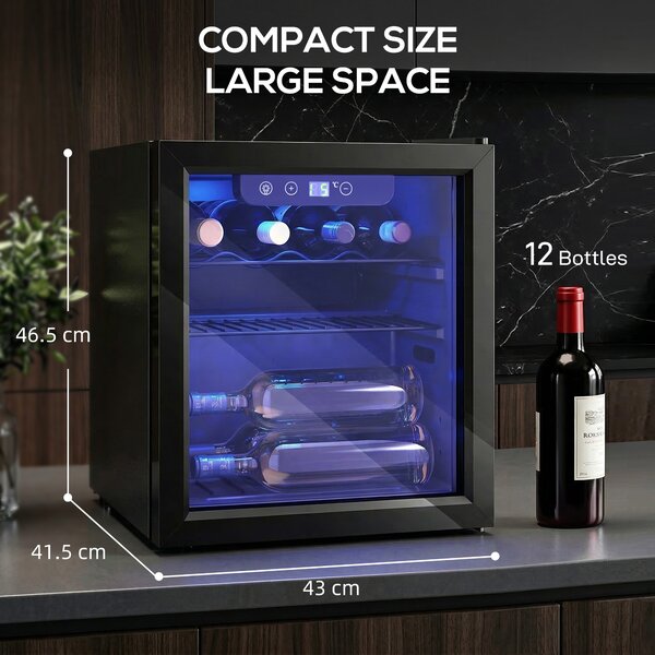 HOMCOM 12 Bottle Wine Cooler, 36 Litre Capacity, 4-16°C Under Counter Drinks Beer Wine Fridge with Glass Door, LED Light, Black