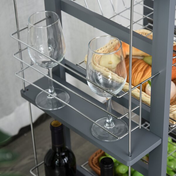 HOMCOM Kitchen Trolley, Multi-Use Kitchen Island w/ 4 Baskets 2 Side Racks 4 Wheels Food Storage Smooth Rolling Compact Furniture Dark Grey Aosom UK