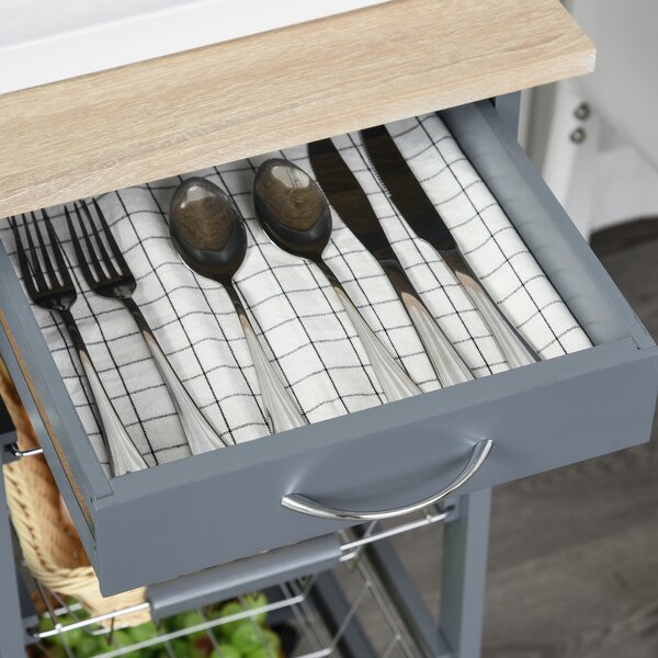 HOMCOM Kitchen Trolley, Multi-Use Kitchen Island w/ 4 Baskets 2 Side Racks 4 Wheels Food Storage Smooth Rolling Compact Furniture Dark Grey Aosom UK