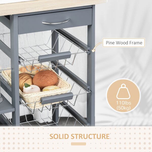 HOMCOM Kitchen Trolley, Multi-Use Kitchen Island w/ 4 Baskets 2 Side Racks 4 Wheels Food Storage Smooth Rolling Compact Furniture Dark Grey Aosom UK