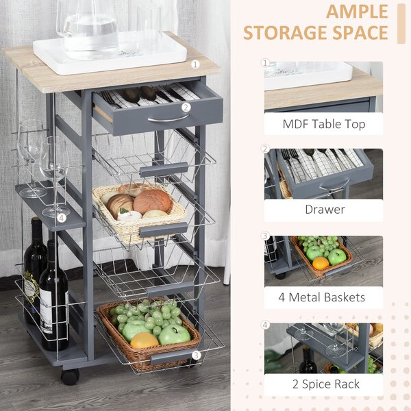 HOMCOM Kitchen Trolley, Multi-Use Kitchen Island w/ 4 Baskets 2 Side Racks 4 Wheels Food Storage Smooth Rolling Compact Furniture Dark Grey Aosom UK