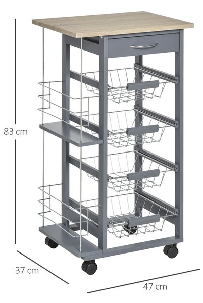 HOMCOM Kitchen Trolley, Multi-Use Kitchen Island w/ 4 Baskets 2 Side Racks 4 Wheels Food Storage Smooth Rolling Compact Furniture Dark Grey Aosom UK