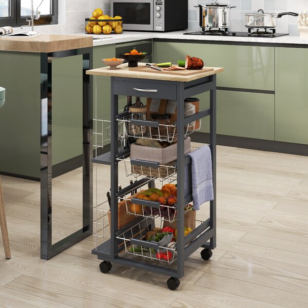 HOMCOM Kitchen Trolley, Multi-Use Kitchen Island w/ 4 Baskets 2 Side Racks 4 Wheels Food Storage Smooth Rolling Compact Furniture Dark Grey Aosom UK