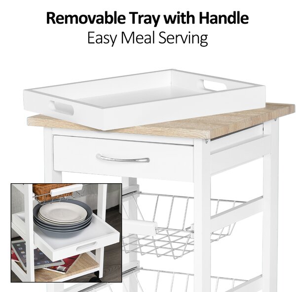 HOMCOM Mobile Rolling Kitchen Island Trolley for Living room, Serving Cart with Drawer & Basket, White Aosom UK