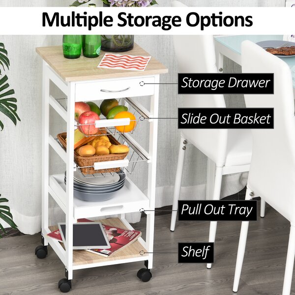 HOMCOM Mobile Rolling Kitchen Island Trolley for Living room, Serving Cart with Drawer & Basket, White Aosom UK