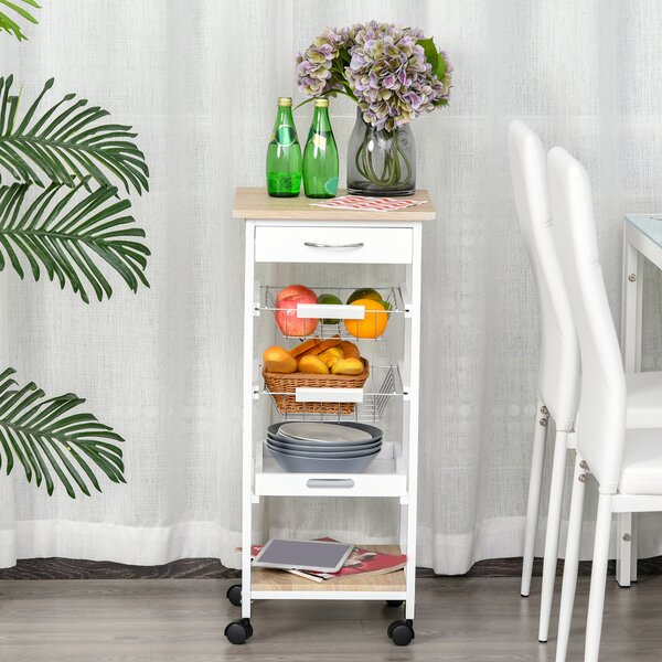 HOMCOM Mobile Rolling Kitchen Island Trolley for Living room, Serving Cart with Drawer & Basket, White Aosom UK