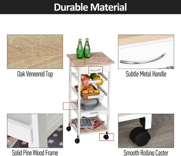 HOMCOM Mobile Rolling Kitchen Island Trolley for Living room, Serving Cart with Drawer & Basket, White Aosom UK
