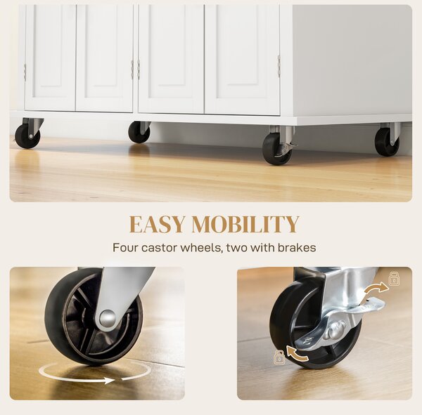 HOMCOM Rolling Kitchen Island Storage Trolley with Rubber Wood Top & Drawers for Dining Room, Cream White