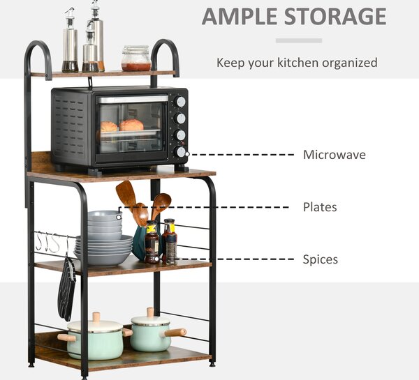 HOMCOM 4-Tier Baker's Rack, Microwave Stand with 4 Hooks, Kitchen Storage Unit for Spices, Pots and Pans, Rustic Brown