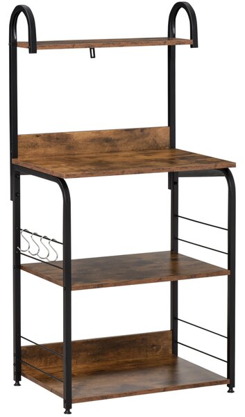 HOMCOM 4-Tier Baker's Rack, Microwave Stand with 4 Hooks, Kitchen Storage Unit for Spices, Pots and Pans, Rustic Brown