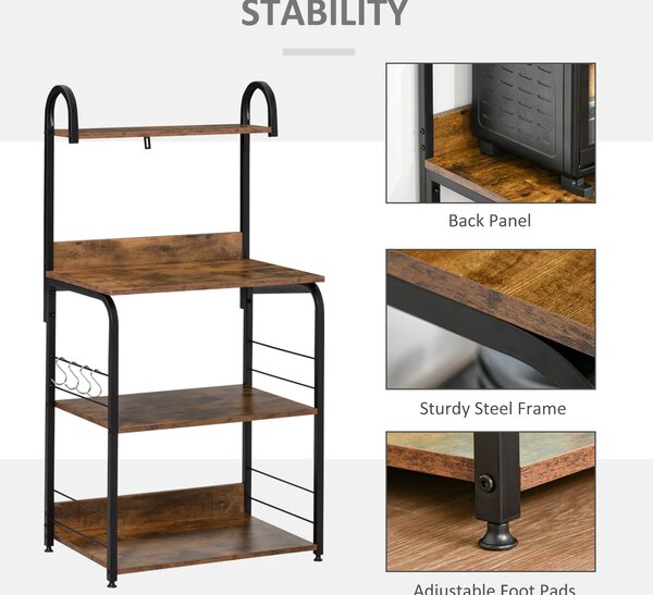 HOMCOM 4-Tier Baker's Rack, Microwave Stand with 4 Hooks, Kitchen Storage Unit for Spices, Pots and Pans, Rustic Brown