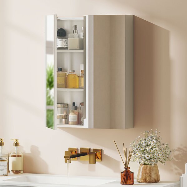 HOMCOM Wall Mounted Mirror Cabinet, Wooden Bathroom Storage with Adjustable Shelf, Double Door, 60Wx15Dx75H cm, White Aosom UK