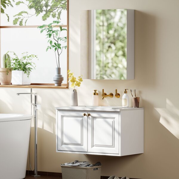 HOMCOM Wall Mounted Mirror Cabinet, Wooden Bathroom Storage with Adjustable Shelf, Double Door, 60Wx15Dx75H cm, White Aosom UK