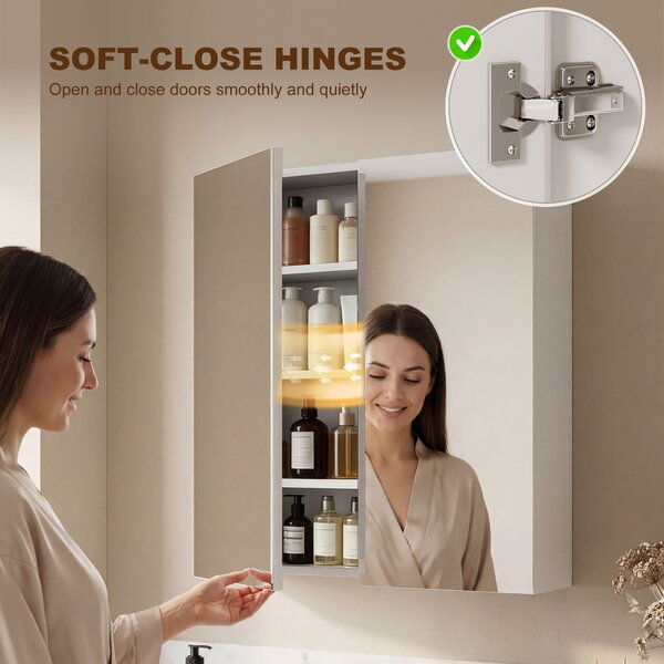 HOMCOM Wall Mounted Mirror Cabinet, Wooden Bathroom Storage with Adjustable Shelf, Double Door, 60Wx15Dx75H cm, White Aosom UK