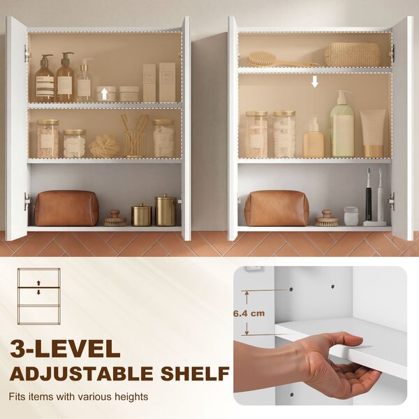HOMCOM Wall Mounted Mirror Cabinet, Wooden Bathroom Storage with Adjustable Shelf, Double Door, 60Wx15Dx75H cm, White Aosom UK