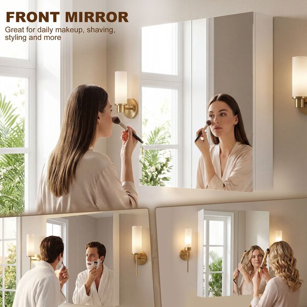 HOMCOM Wall Mounted Mirror Cabinet, Wooden Bathroom Storage with Adjustable Shelf, Double Door, 60Wx15Dx75H cm, White Aosom UK