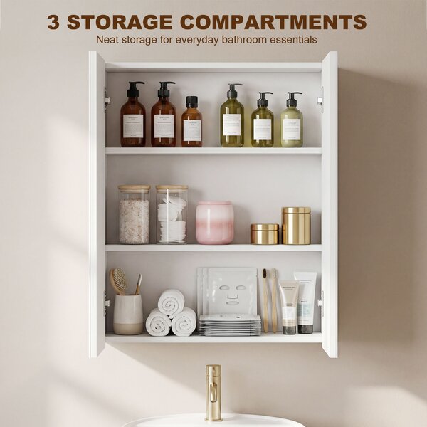 HOMCOM Wall Mounted Mirror Cabinet, Wooden Bathroom Storage with Adjustable Shelf, Double Door, 60Wx15Dx75H cm, White Aosom UK