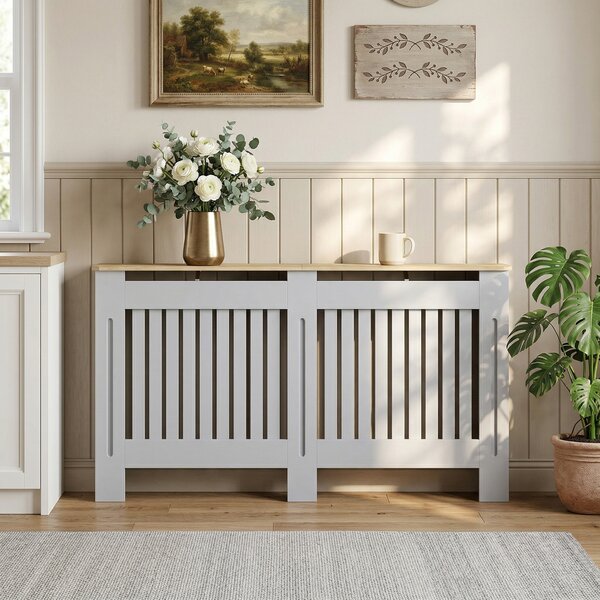 HOMCOM Slatted Radiator Cover, Painted Cabinet with Line Grill Design, 152L × 19W × 81H cm, Grey