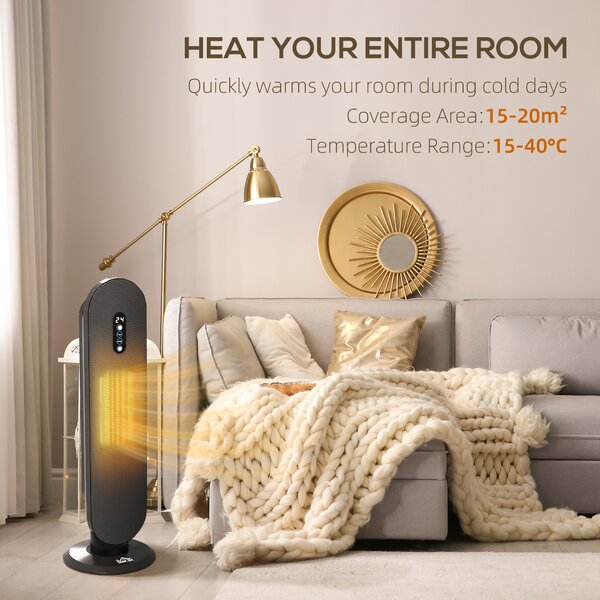 HOMCOM Ceramic Space Heater, Indoor Tower Heater with 2 Heat, Oscillation, Timer, Tip-Over & Overheating Protection, 1200W/2000W, Black Aosom UK