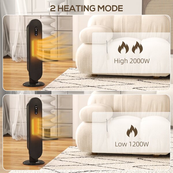 HOMCOM Ceramic Space Heater, Indoor Tower Heater with 2 Heat, Oscillation, Timer, Tip-Over & Overheating Protection, 1200W/2000W, Black Aosom UK