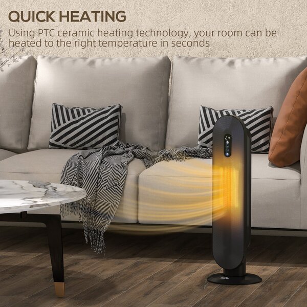 HOMCOM Ceramic Space Heater, Indoor Tower Heater with 2 Heat, Oscillation, Timer, Tip-Over & Overheating Protection, 1200W/2000W, Black Aosom UK