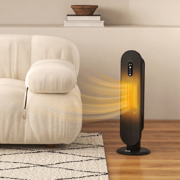 HOMCOM Ceramic Space Heater, Indoor Tower Heater with 2 Heat, Oscillation, Timer, Tip-Over & Overheating Protection, 1200W/2000W, Black Aosom UK