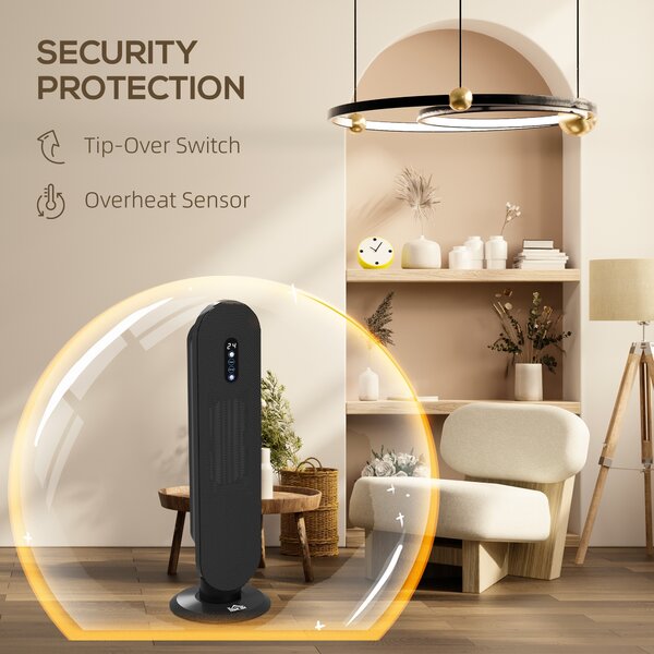 HOMCOM Ceramic Space Heater, Indoor Tower Heater with 2 Heat, Oscillation, Timer, Tip-Over & Overheating Protection, 1200W/2000W, Black Aosom UK