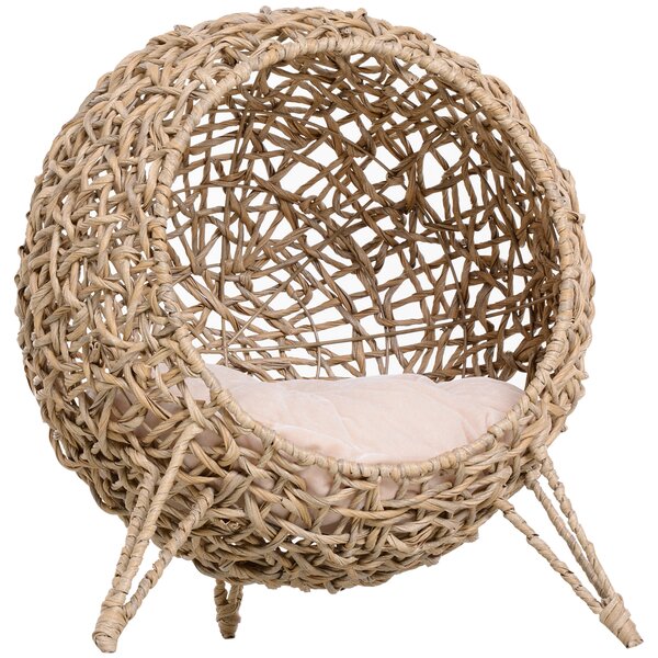 PawHut Wicker Cat Bed, Ball-Shaped Rattan, Elevated Basket with Cushion, Three Tripod Legs, Natural Wood Finish