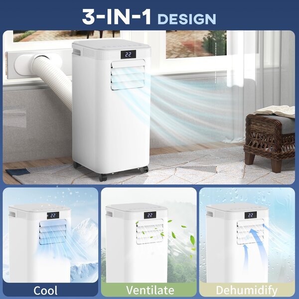 HOMCOM 8000 BTU 4-In-1 Compact Portable Mobile Air Conditioner Unit Cooling Dehumidifying Ventilating w/ Fan Remote LED Display 24 Hr Timer Aosom UK