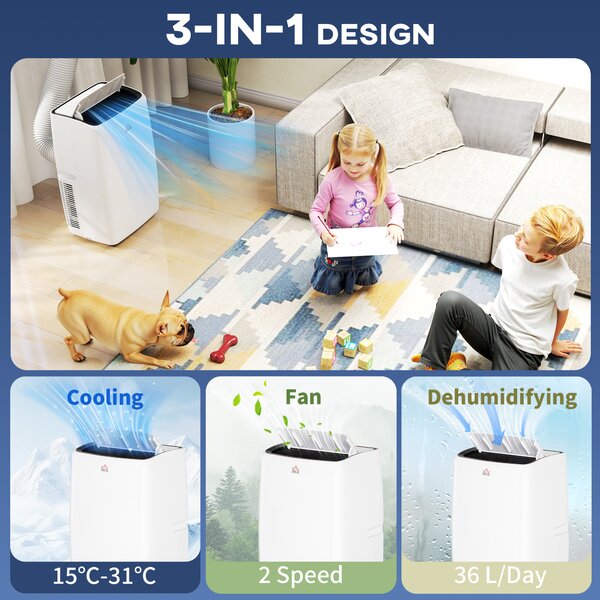 HOMCOM 14,000 BTU Mobile Air Conditioner for Room up to 40m², with Dehumidifier, Sleep Mode, 24H Timer On/off, Wheels Aosom UK