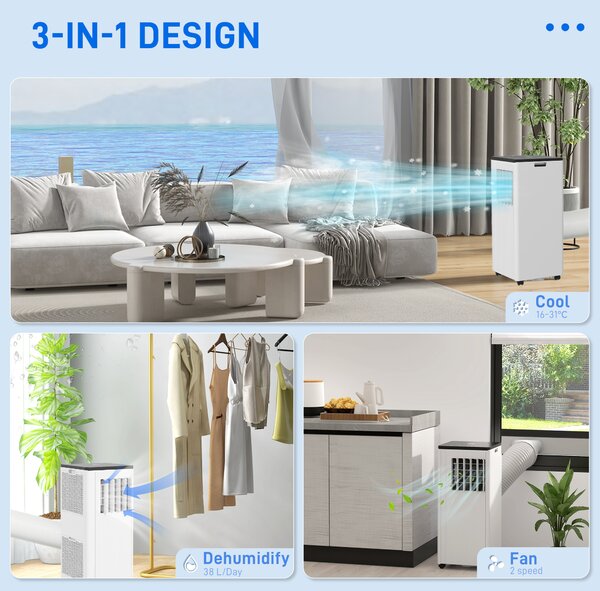 HOMCOM 9,000 BTU Mobile Air Conditioner, 20m², Smart Home WiFi, with Dehumidifier, Fan, 24H Timer, Window Kit, White Aosom UK