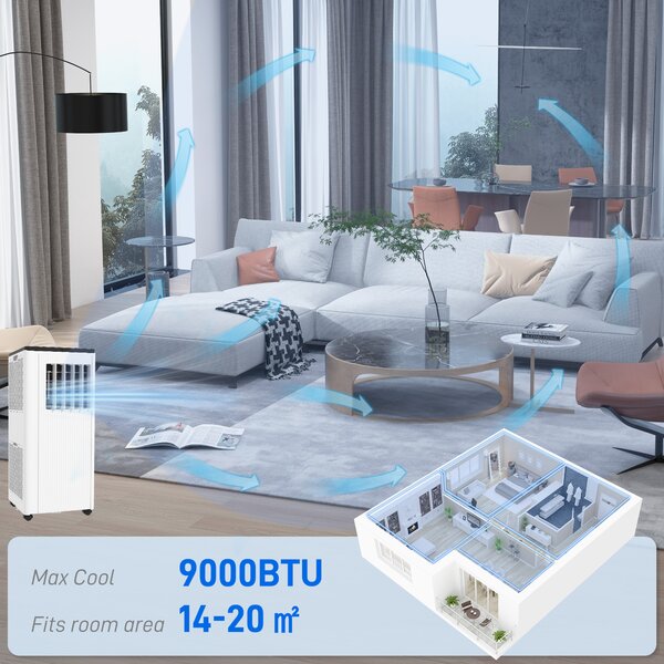 HOMCOM 9,000 BTU Mobile Air Conditioner, 20m², Smart Home WiFi, with Dehumidifier, Fan, 24H Timer, Window Kit, White Aosom UK