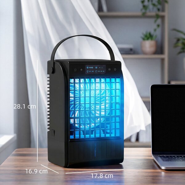 HOMCOM Portable Air Conditioner, 4-in-1 Mini Air Cooler with 4 Wind Speed, 2 Cool Mist, RGB 7 LED Light, Black