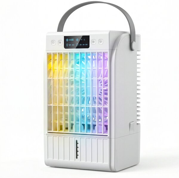 HOMCOM Portable Air Conditioner, 4-in-1 Mini Air Cooler with 4 Wind Speed, 2 Cool Mist, RGB 7 LED Light, White