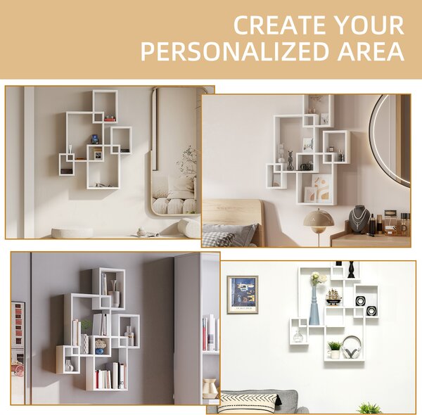 HOMCOM Interlocking Cube Floating Shelves, Wall Mounted Display Shelf for Living Room, Bedroom, Hallways, White Aosom UK
