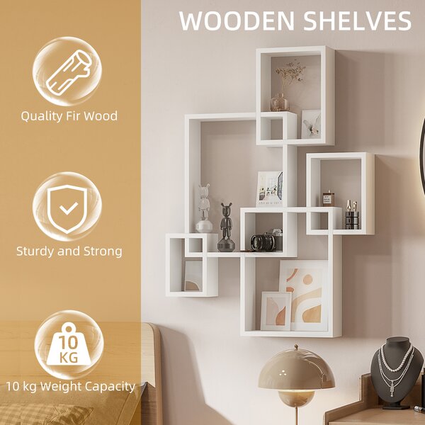 HOMCOM Interlocking Cube Floating Shelves, Wall Mounted Display Shelf for Living Room, Bedroom, Hallways, White Aosom UK
