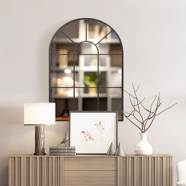 HOMCOM Arched Wall Mirror Modern, 91 x 60 cm, Window Style for Living Room, Bedroom, Sleek Design, Black Aosom UK