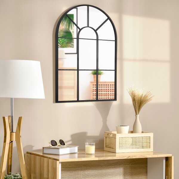 HOMCOM Arched Wall Mirror Modern, 91 x 60 cm, Window Style for Living Room, Bedroom, Sleek Design, Black Aosom UK