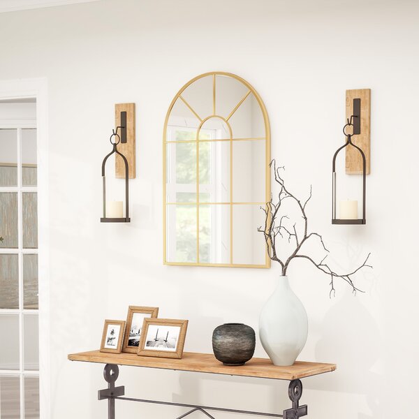 HOMCOM Modern Arched Wall Mirror, 91 x 60 cm Window Mirrors for Living Room, Bedroom, Gold Tone